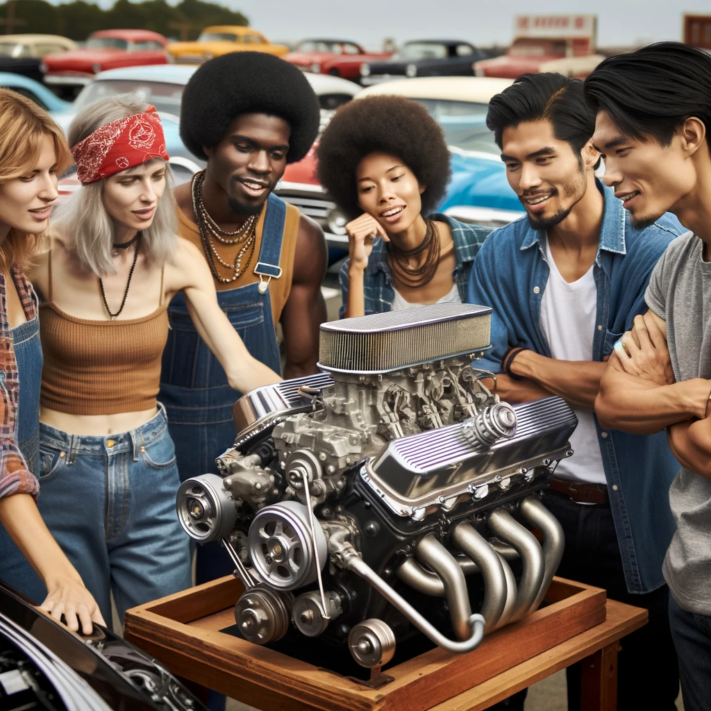 Dall·e 2023 12 29 17. 13. 14 a group of diverse individuals gathered around a classic naturally aspirated car engine displayed on a stand. The engine is sleek and well maintained