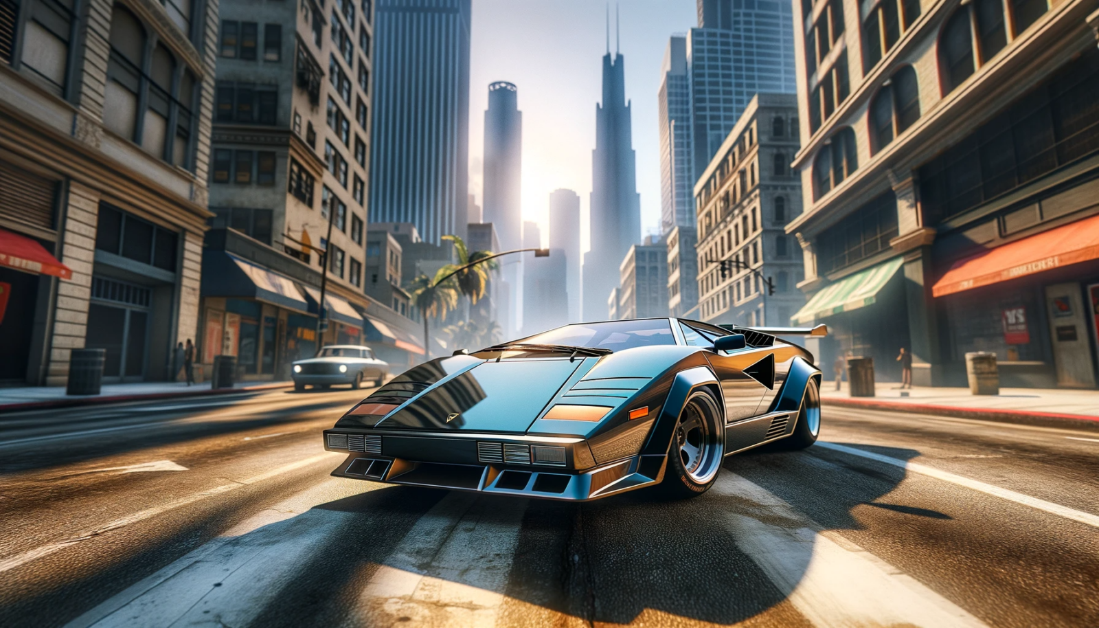 Dall·e 2023 12 13 20. 04. 58 a dynamic and detailed scene showcasing a lamborghini countach in a realistic urban environment similar to the world of gta 5. The car should be depi