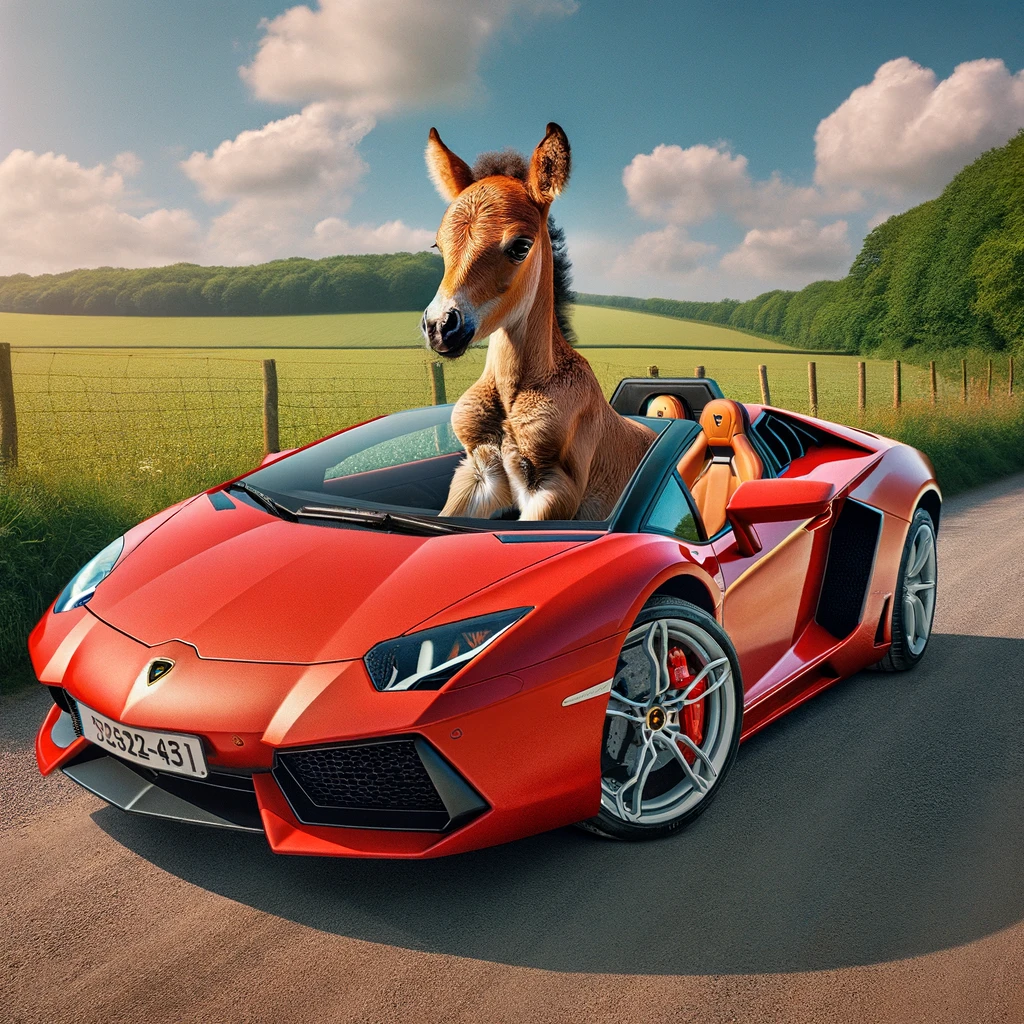 Dall·e 2024 02 02 20. 45. 36 a whimsical scene depicting a baby horse also known as a foal riding inside a bright red lamborghini. The lamborghini is parked on a picturesque co