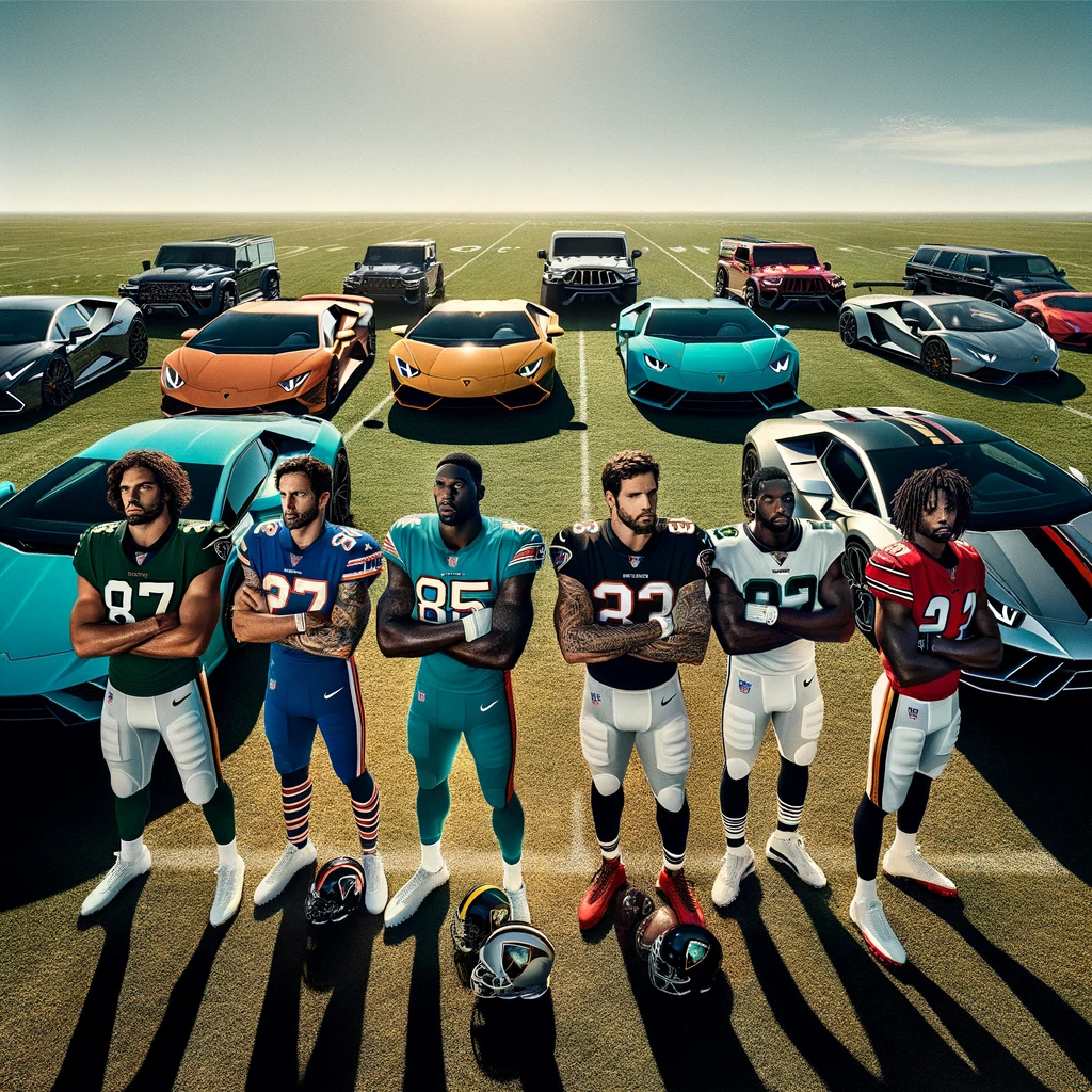 Dall·e 2024 02 06 19. 55. 33 an impressive scene unfolds with five nfl players clad in their vibrant team jerseys each exuding an aura of athleticism and confidence. They are st