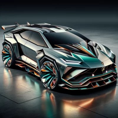 Dall·e 2024 02 09 00. 38. 31 a futuristic lamborghini electric suv blending the brands signature aggressive styling with the practicality of an suv shape. The design is sleek an