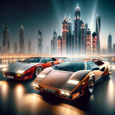 Dall·e 2024 02 20 15. 53. 07 create an image of a high profile dubai auction event featuring two iconic lamborghinis the countach and the centenario. The scene is set under the