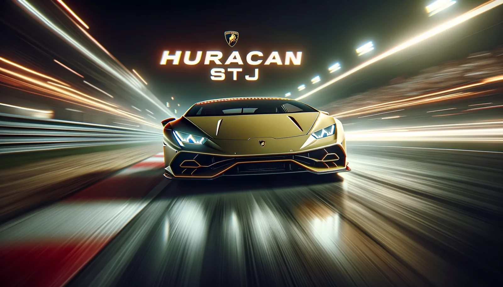 DALL·E 2024 02 28 17.46.41 Create a photorealistic image where the focus is on the text Huracan STJ displayed prominently in the foreground with a Lamborghini Huracan subtly