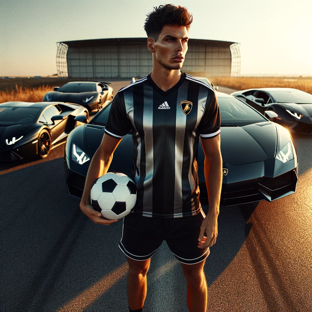 Dall·e 2024 03 13 18. 55. 49 a model with an athletic physique and short dark hair styled similarly to a popular football star is dressed in a sports jersey holding a football