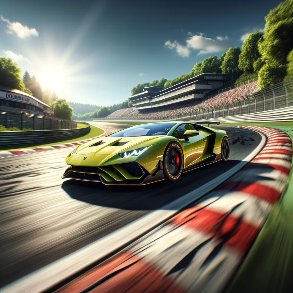 Dall·e 2024 03 20 18. 44. 01 a photorealistic image of a high performance sports car resembling a lamborghini as it speeds around a curve on a famous race track resembling the n